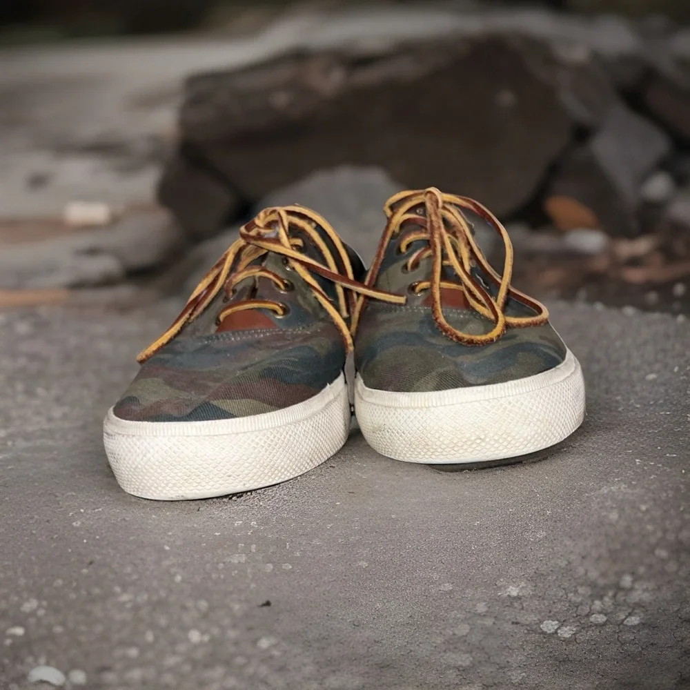 Polo Ralph Lauren Boat Shoes Leather Canvas 10.5D Vaughn Camo Print Loafers Men
